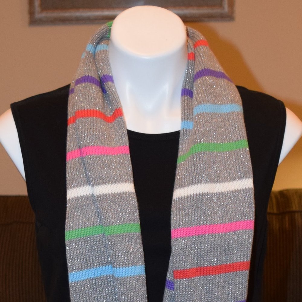 Silver Gray Infinity Scarf with Multicolor Stripes